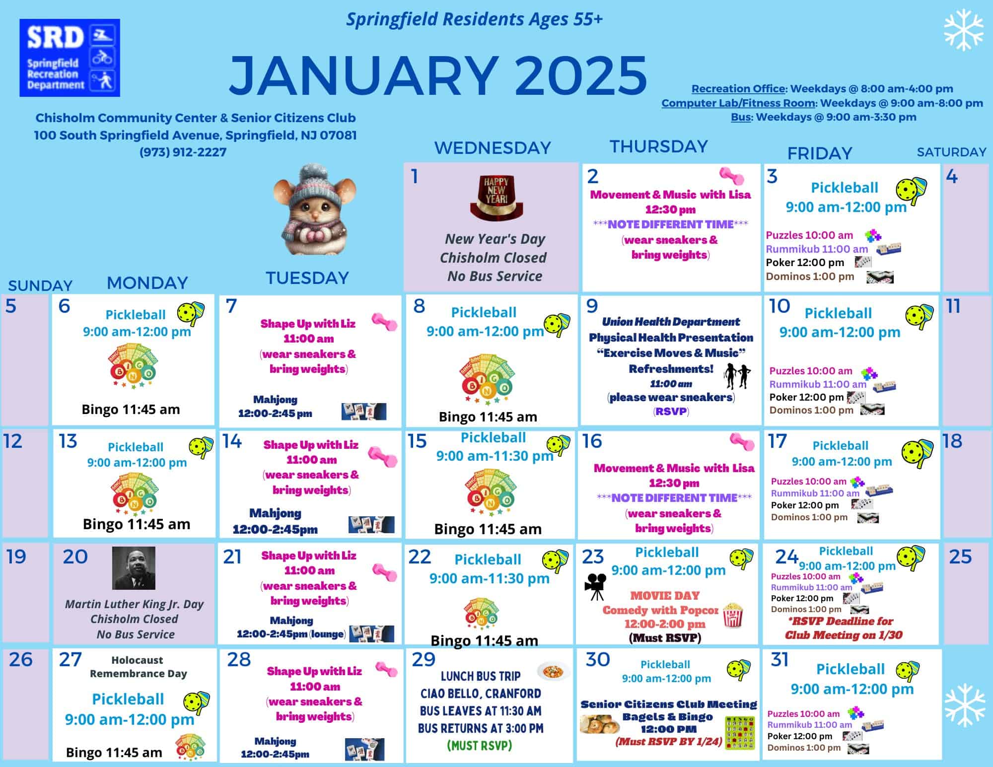 Recreation Department Announces January 2025 Calendar for Residents 55