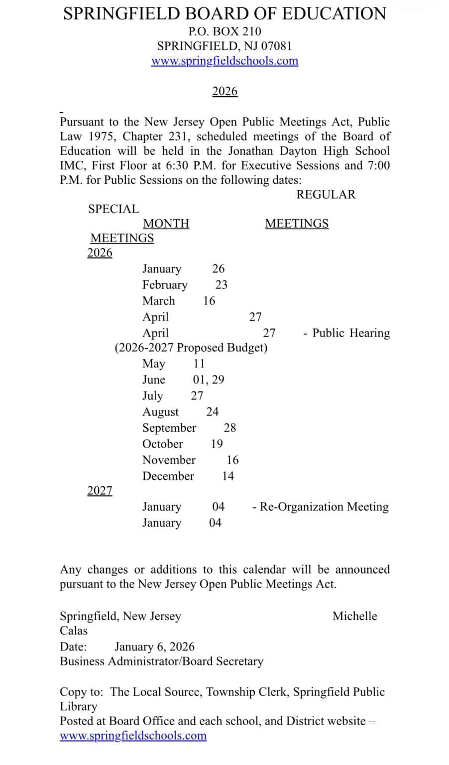 Springfield R 12 Calendar Springfield Board of Education 2026 Meeting Calendar | Township of ...